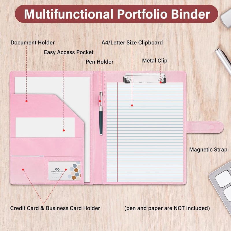 JTTJDB Professional Padfolio, Multi Function Faux Leather Portfolio Binder with Clipboard - Interview Resume Folder, Legal Document, Business Card Holder, for Office, Conference, Interviews (Pink) - Image 3